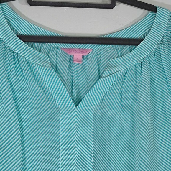 Lilly Pulitzer Moxy 3/4 Sleeve 100% Silk Blouse Turquoise White Stripe Small - Picture 4 of 12